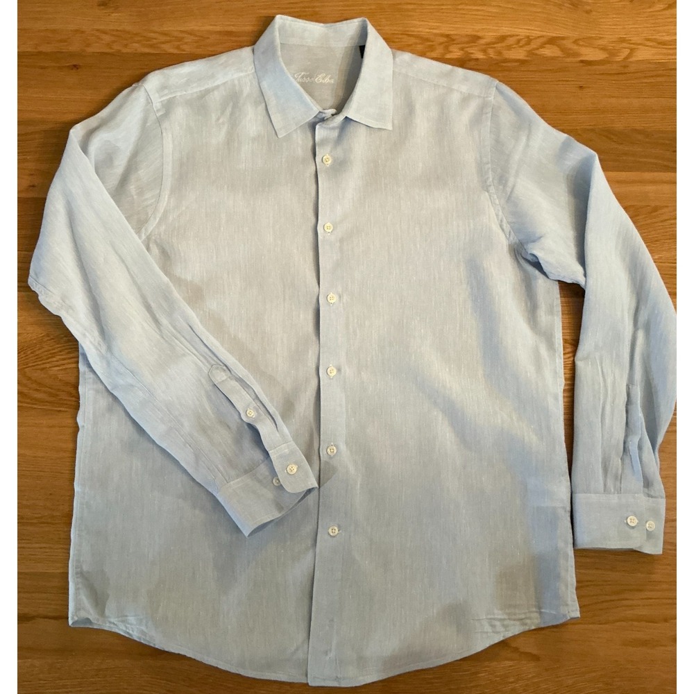 Tasso Elba Men's Linen Shirt Large Light Blue Long Sleeve Button Front